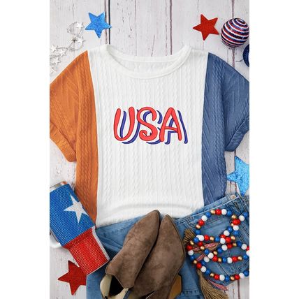 Light Blue USA Embroidered Cable Textured Knit Cuffed Sleeve Colorblock Tee