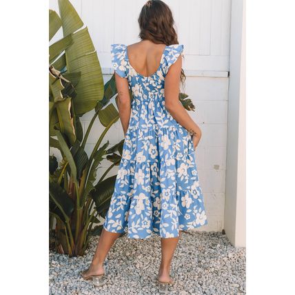 Sky Blue Floral U Neck Flutter Shoulder Tiered Flowy Midi Dress