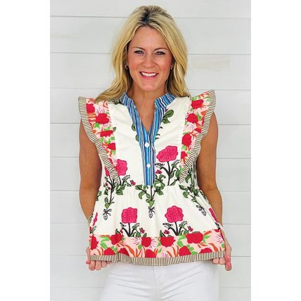 Pink Floral Print Tie Neck Striped Detail Flutter Sleeve Blouse