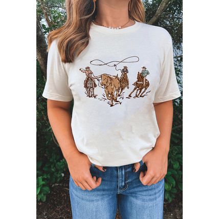 White Retro Cowboy Roping Cotton Blend Graphic Tee