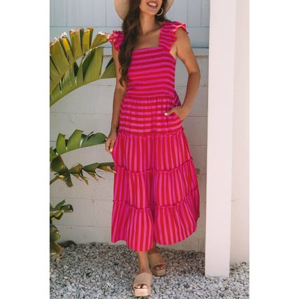 Rose Stripe Flutter Sleeve Smocked Bodice Tiered Maxi Dress