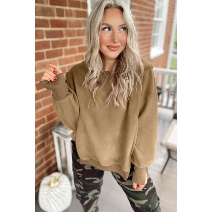Dark Khaki Fuzzy Sherpa Splicing Pullover Sweatshirt with Side Slit