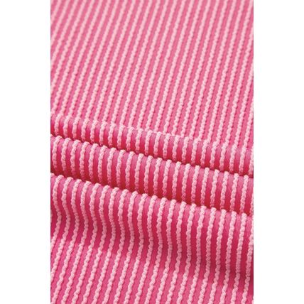 Rose Red Twisted Ribbed Knit V Neck Casual Tee