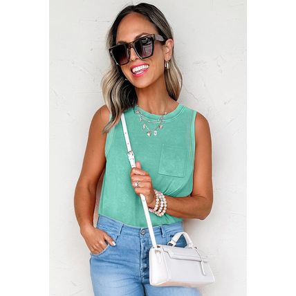 Sea Green Mineral Wash Patched Chest Pocket Casual Tank Top