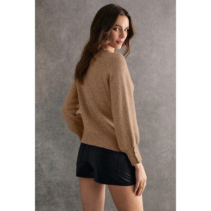 Camel Buttoned Bishop Sleeve Crew Neck Sweater