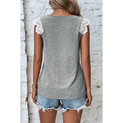 Gray Lace Patchwork Criss Cross V Neck Tank Top