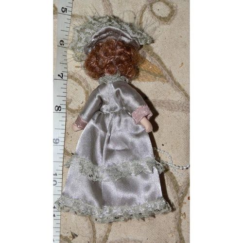 1/12 Victorian Red Head Female figure in Pale Olive & Pink Outfit Dollhouse