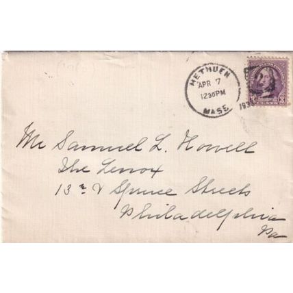 United States 1933 Methuen MASS-Phialdelphia PA Cover Methuen cancel written VGC