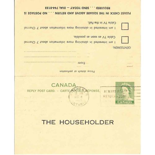 Canada #P92 Postal Reply Card Reply Half USED 1963 Karsh
