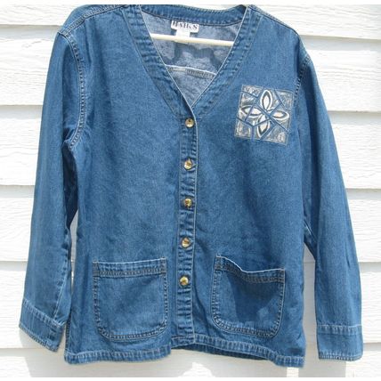 Womens HAIKS L Large Blue Jean Blazer Jacket Long Sleeve 44 Inch Chest