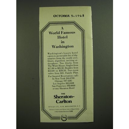 1968 Sheraton-Carlton Hotel Ad - A world famous hotel in Washington