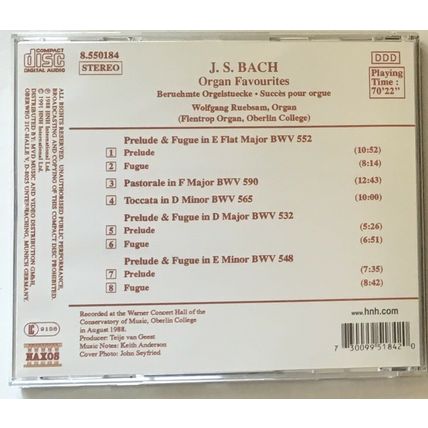 CD - BACH ORGAN FAVOURITES Wolfgang Ruebsam - Oberlin College