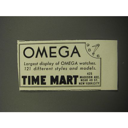 1951 Time Mart Omega Watches Ad - Largest Display of Omega Watches