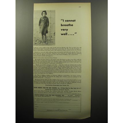 1951 Foster Parents' Plan for War Children Ad - I cannot breathe very well