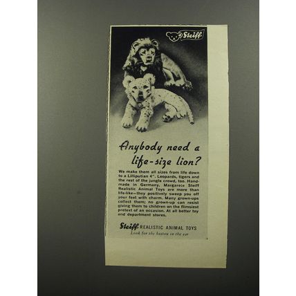 1956 Steiff Animal Toys Ad - Anybody need a life-size lion?