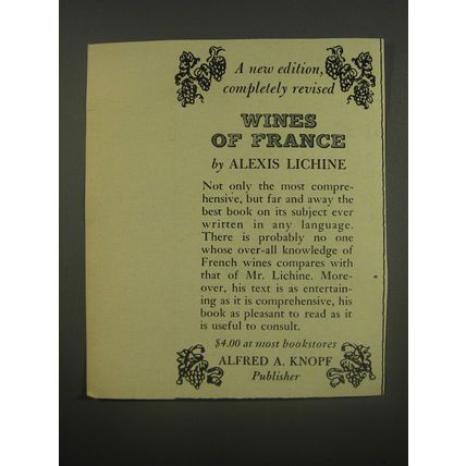 1956 Alfred A. Knopf Book Advertisement - Wines of France by Alexis Lichine