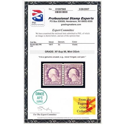 493, Mint NH XF/Superb 3¢ Coil Pair - PSE Graded 95 * Stuart Katz