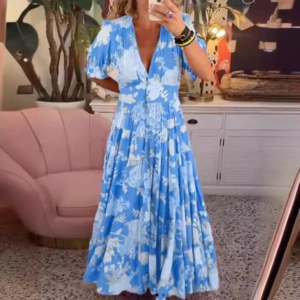 Loose Dresses Floral Seaside Holiday Dress UK Summer V Neck Dress Women