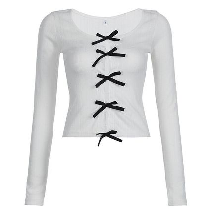 Long Sleeve Contrast Tees Lace Bow Button Sweet Kawaii Female Japanese Slim