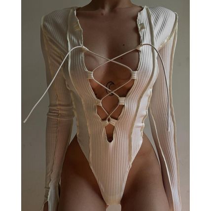 Women's Bodysuit Sexy Summer Openwork Slim Temperament Solid Color Long Sleeves