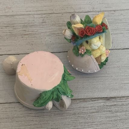 Vintage Bunny Rabbit Watering Can Lidded Trinket Box Tulips Roses Sun Bonnet Hat