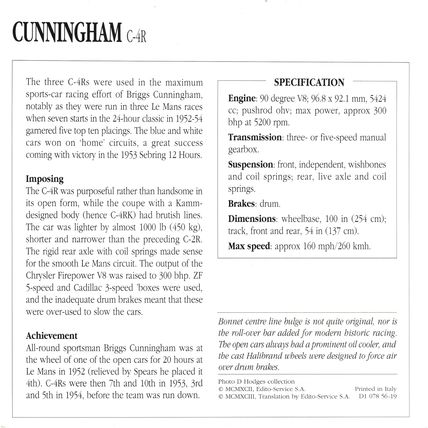 Collectors Club card. Classic Cars. Cunningham C-4R racing car