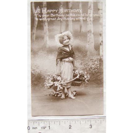 vintage postcard A Happy Birthday - Girl Holding Baskets of Flowers