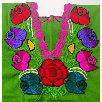 Multicolor Roses Bouquet Embroidered Cotton Canvas Green Blouse Chiapas Mexico
