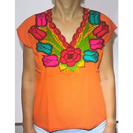 Multicolor Roses Bouquet Embroidered Cotton Canvas Orange Blouse Chiapas Mexico