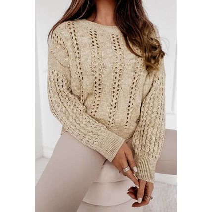 Khaki Eyelets Cable Knit Drop Shoulder Sweater