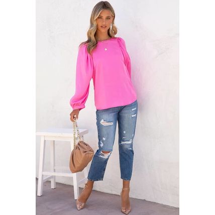 Pink Satin Puff Long Sleeve Crewneck Blouse