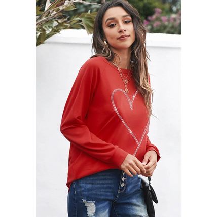 Fiery Red Rhinestone Heart Shaped Long Sleeve Sweatshirt