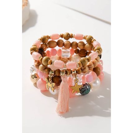 Pink 4Pcs Butterfly Star Pendant Tassel Beaded Bracelet Set