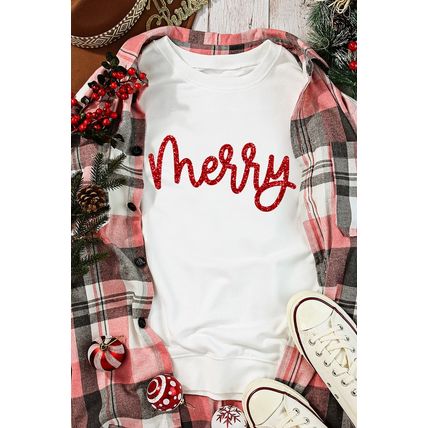 Beige Merry Graphic Christmas Crew Neck Sweatshirt