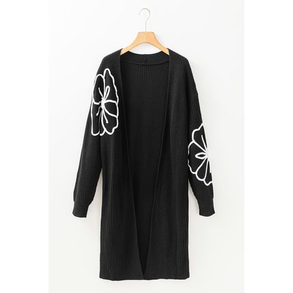 Black Flower Embroidered Drop Shoulder Open Front Duster Cardigan