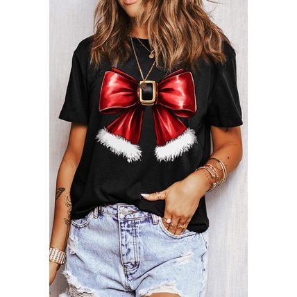 Black Christmas Big Bowknot Graphic Crewneck T Shirt