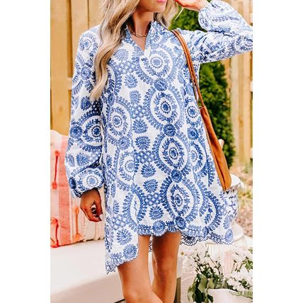 Blue Boho Floral Embroidered Notch V Neck Shift Mini Dress