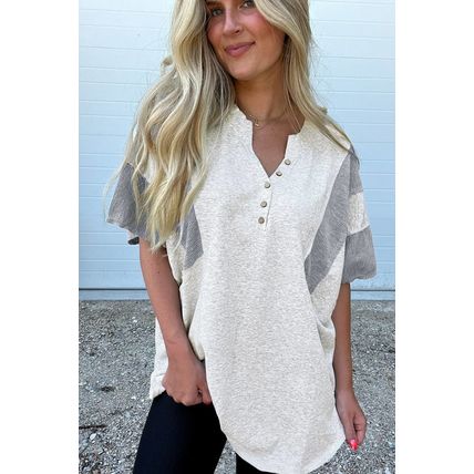 Light Grey Two Tone Contrast Waffle Knit Patched Buttoned V Neck Top