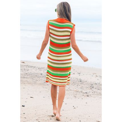 Yellow Stripe Eyelet Sleeveless Buttoned Split Neck Sweater Dress