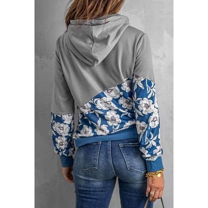 Gray Floral Splicing Cowl Neck Hoodie