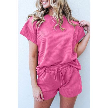 Strawberry Pink 2pcs Solid Textured Drawstring Shorts Set