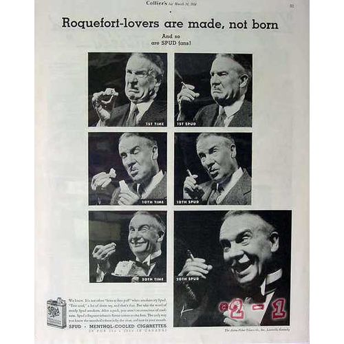 AXTON FISHER TOBACCO 1934 Roquefort lovers Spud cigarettes vintage ad