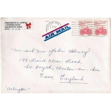 United States 1982 Boston MA-St Osyth UK Cover Boston MA cancel written VGC