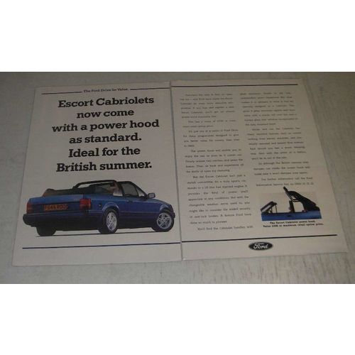 1989 Ford Escort Cabriolet Car Ad - now come with a power hood