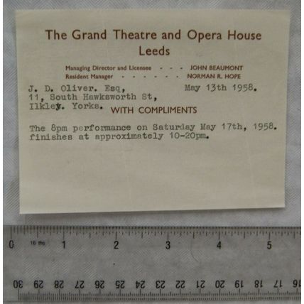 1958 letter & ticket Grand Theatre Leeds, Dress Circle, 9/-