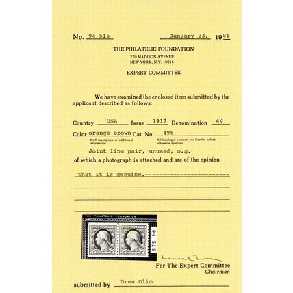 495, Mint SUPERB NH 5¢ Coil Line Pair With PFC Certificate * Stuart Katz