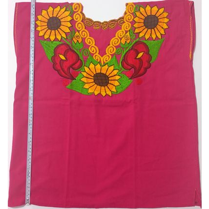Sunflowers & Calla Lillies Embroidered Cotton Canvas Pink Blouse Chiapas Mexico