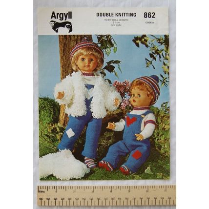 1978 Argyll 862 socks, rompsuit, sweater, loopy jacket & cap, 20 inch doll, DK