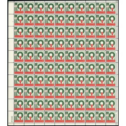 Christmas Wreath Sheet of One Hundred 4 Cent Postage Stamps Scott 1205