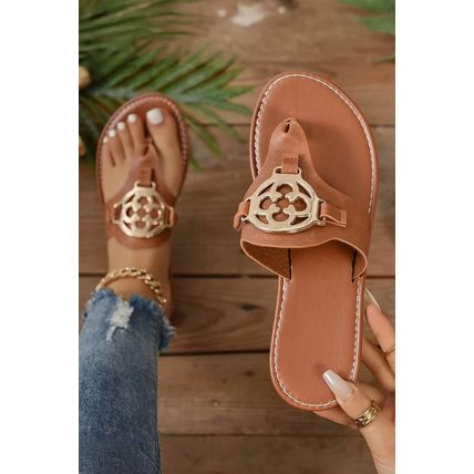 Chestnut Metal Décor Leather Thong Slippers